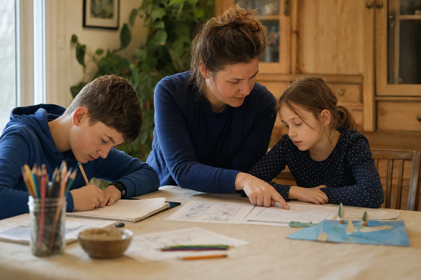 Un parent et ses deux enfants autour de la même mission, à la table de cuisine
