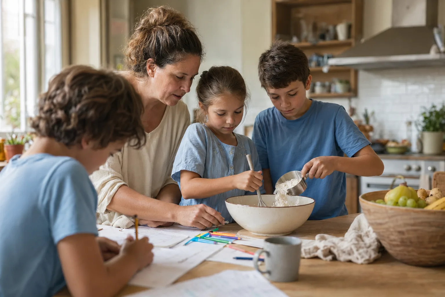 Une famille en atelier autour de la table de cuisine